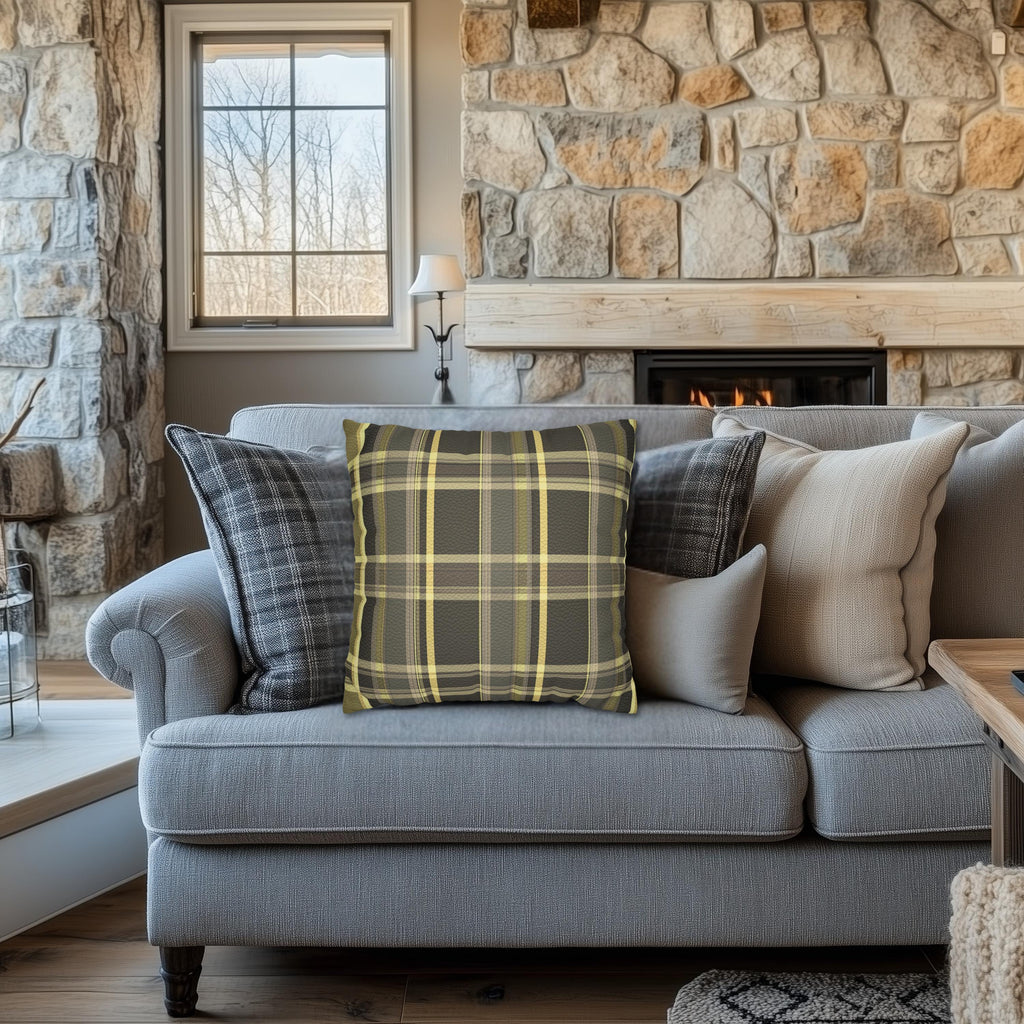 Vegan Faux Suede Material Printed Pillow Cover: Modern Olive & Golden Yellow Plaid Soft Leather-Look