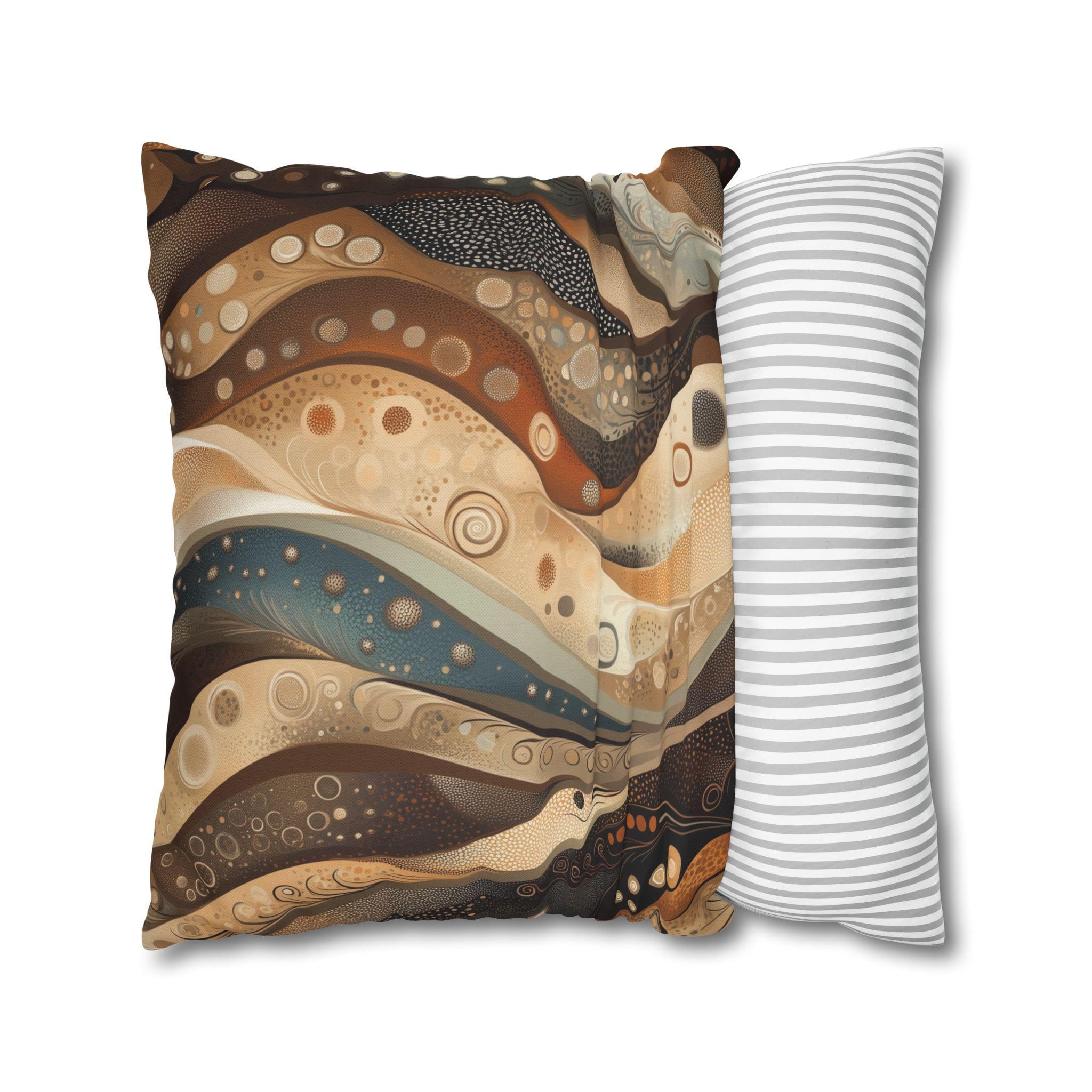 Abstract Wave Design Pillowcase, Brown Beige Cream Caramel Teal,  Home Decor Accent, Sofa Pillow