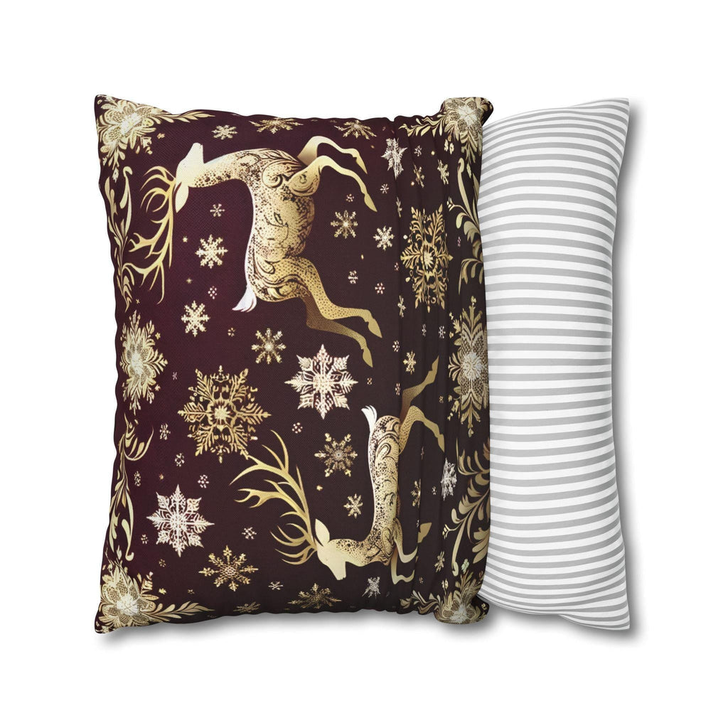 Golden Reindeer Snowflake Decorative Throw Pillow Cover: Festive Elegance Designer Square Pillowcase