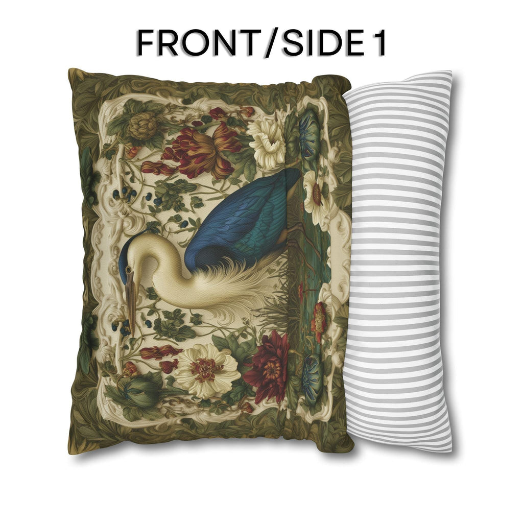 William Morris Style Heron Pillow Cover: Botanical Marsh Floral Art
