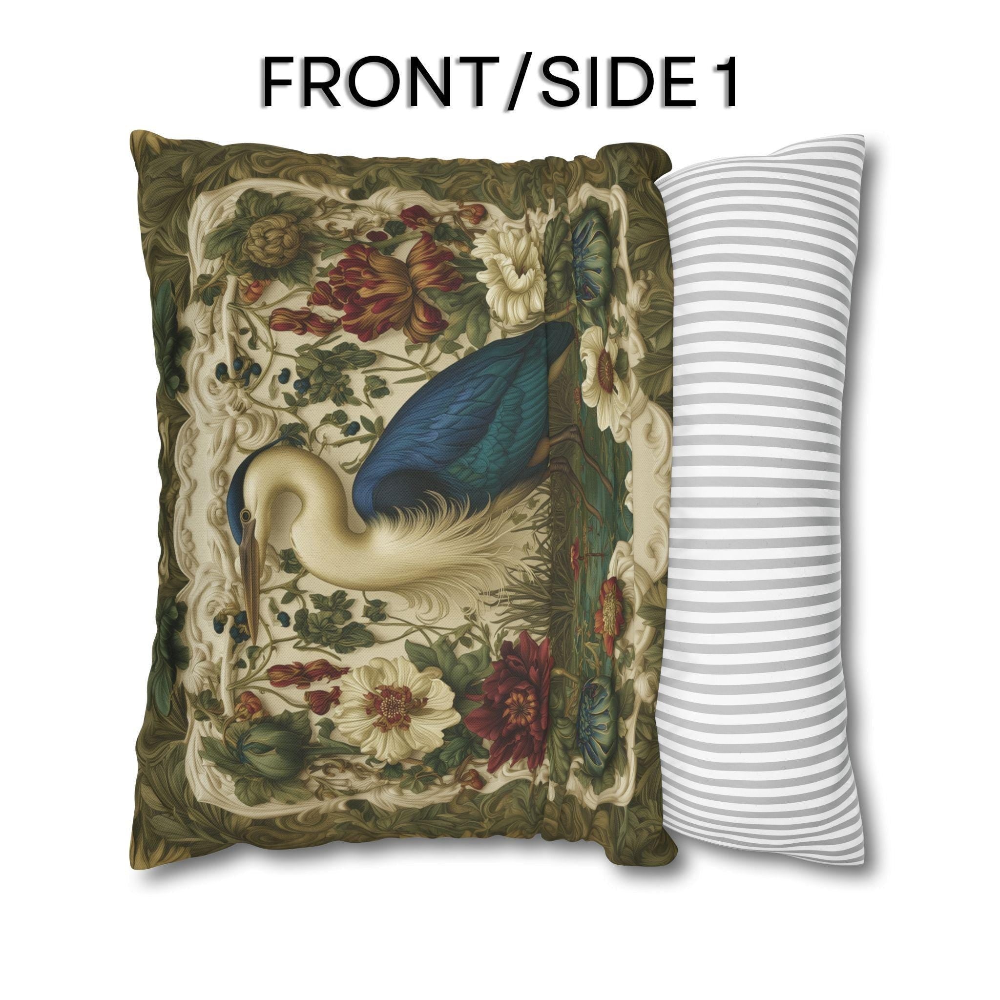 William Morris Style Heron Pillow Cover: Botanical Marsh Floral Art