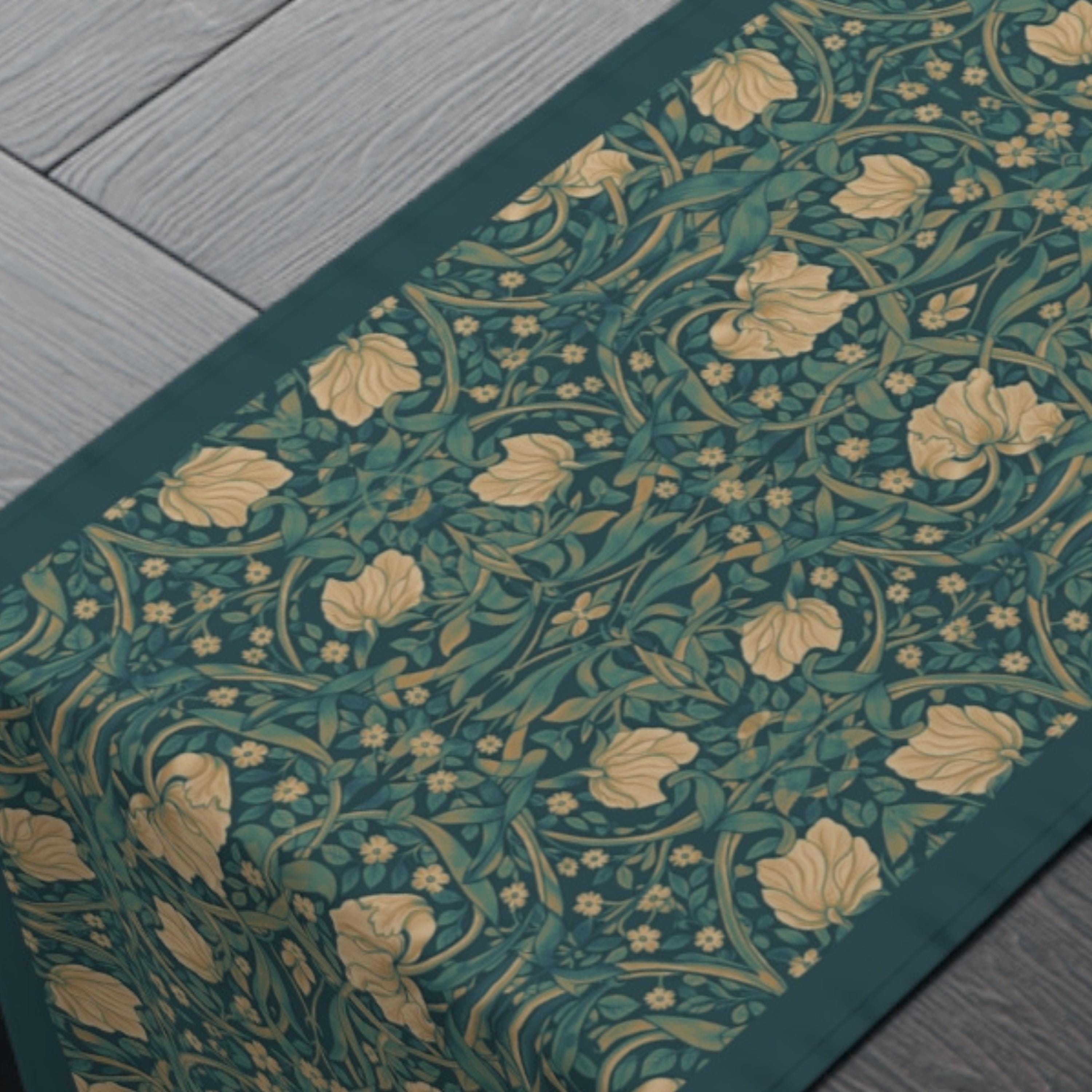 William Morris Midnight Teal Champagne Table Runner: Vintage Pimpernel Reconstructed