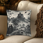 Gothic Toile Tapestry Throw Pillow: Haunted Victorian House, Jacquard Woven Decor