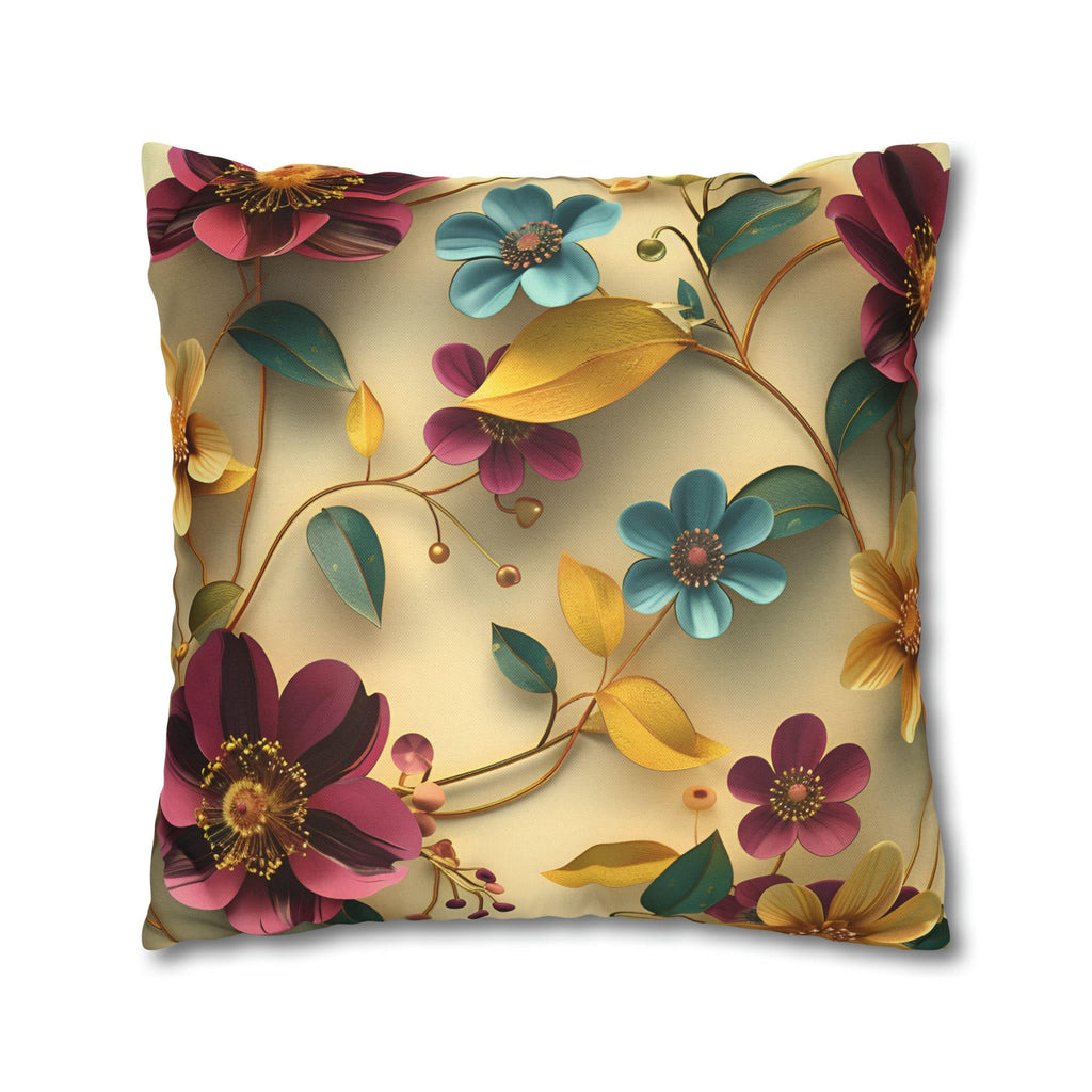 Botanical Floral Square Throw Pillow Cover: Teal, Marigold, Plum on Warm Beige Cushion Case