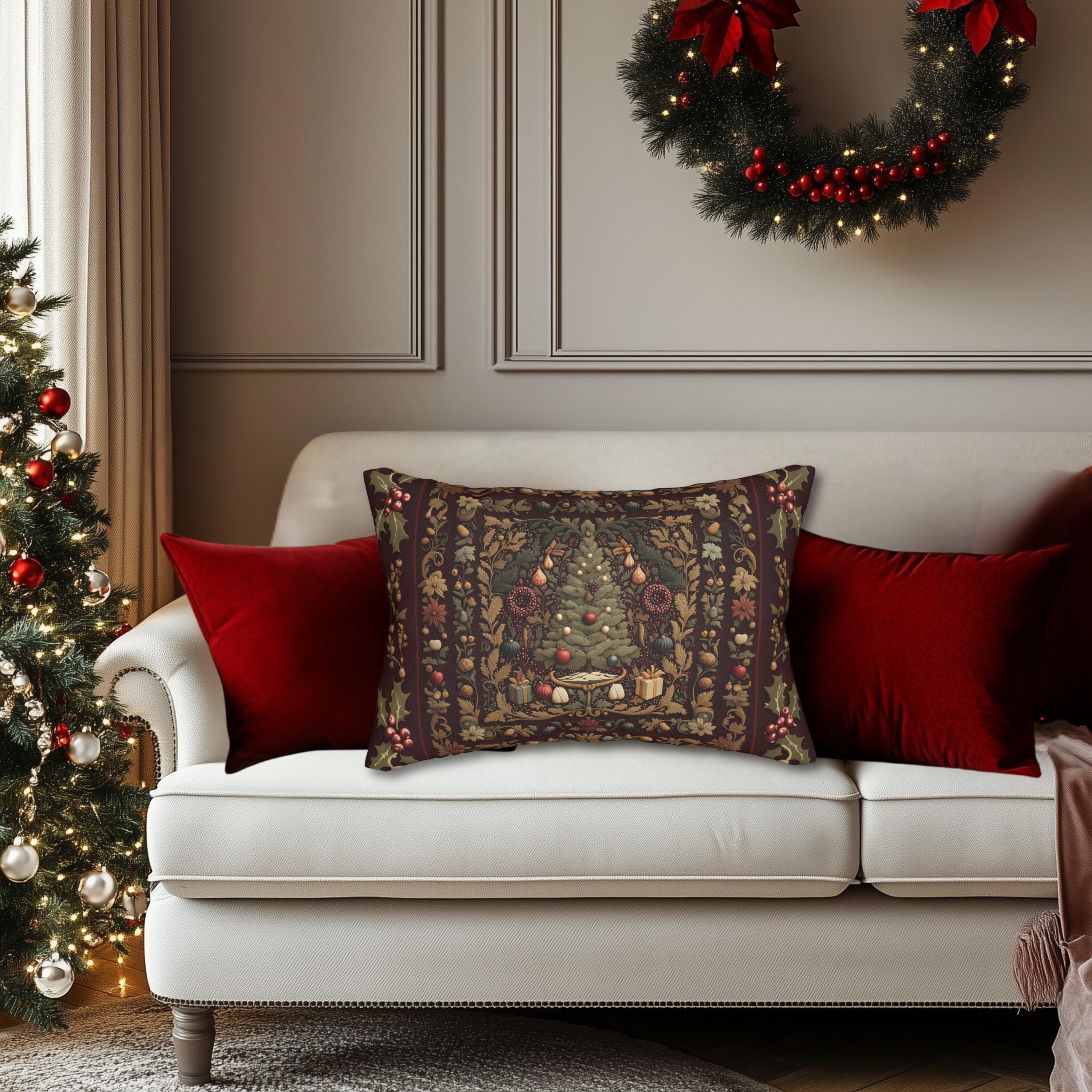 William Morris Christmas Tree Lumbar Pillow: Burgundy Holiday Tapestry Look