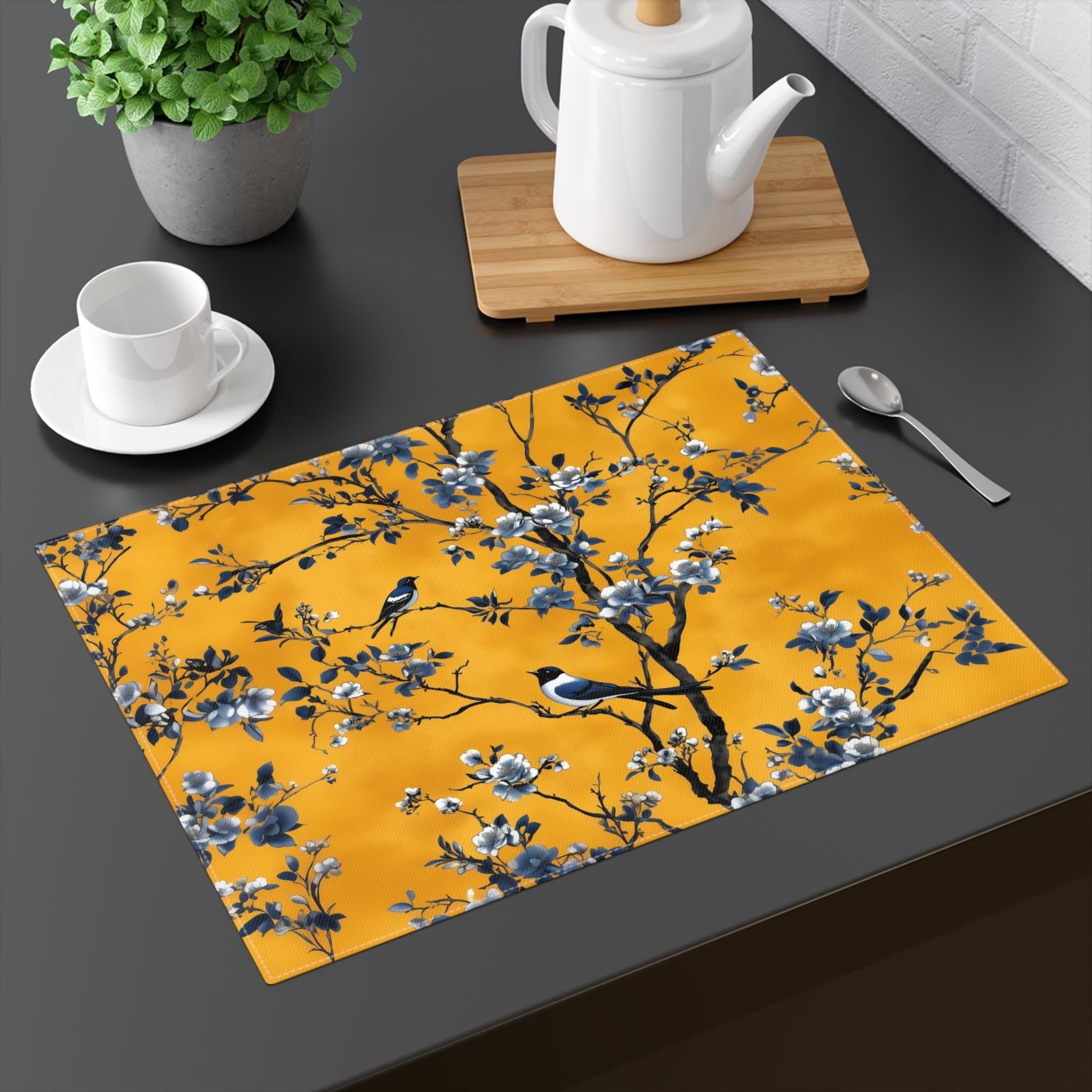 Chinoiserie Bird Placemat: Golden Yellow & Blue Floral Cotton Twill
