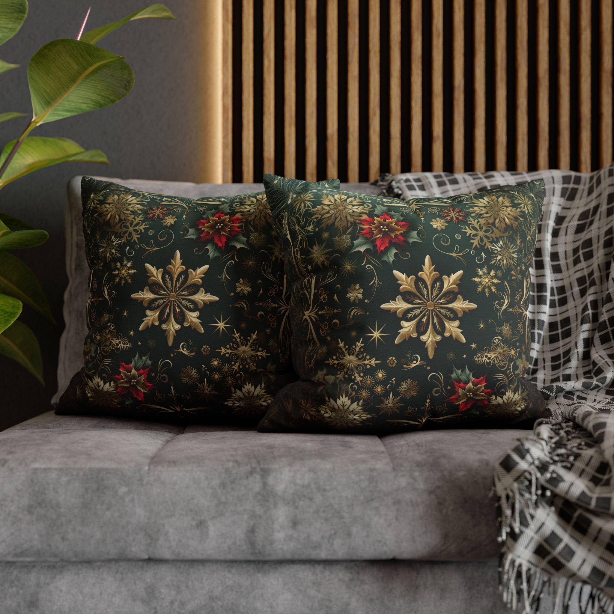 Gold Snowflake Emerald Green Holiday Pillow Cover