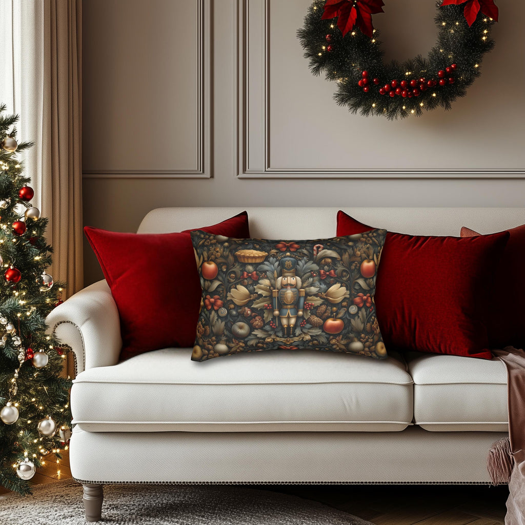 William Morris Nutcracker Lumbar Pillow: Woodland Holly & Pinecone Holiday Design