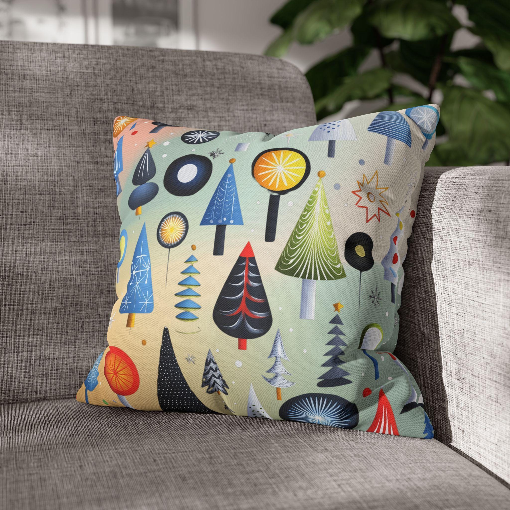 Modern Retro Christmas Trees Pillowcase, Festive Mid-Century Modern Nostalgic Xmas Pillow Cover