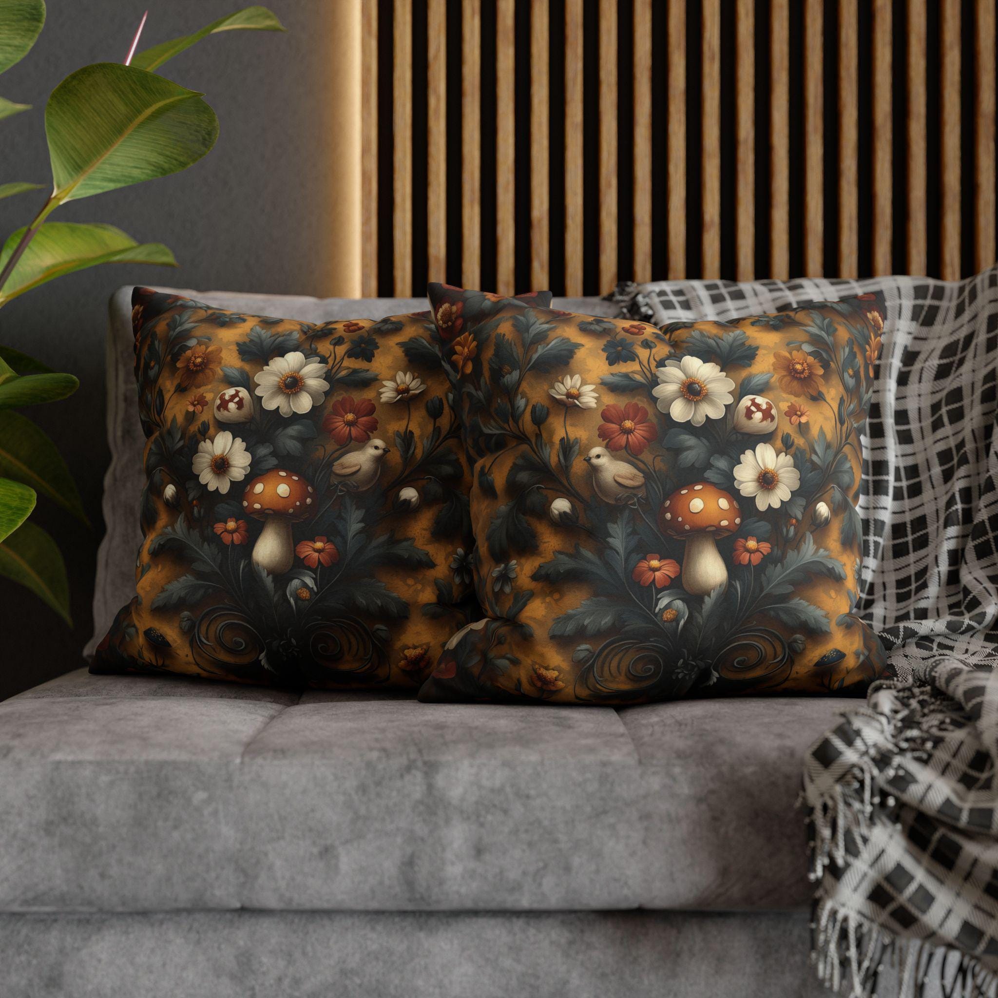 William Morris Inspired Woodland Mushroom Pillow Cover: Autumn Floral Art on Gold Background