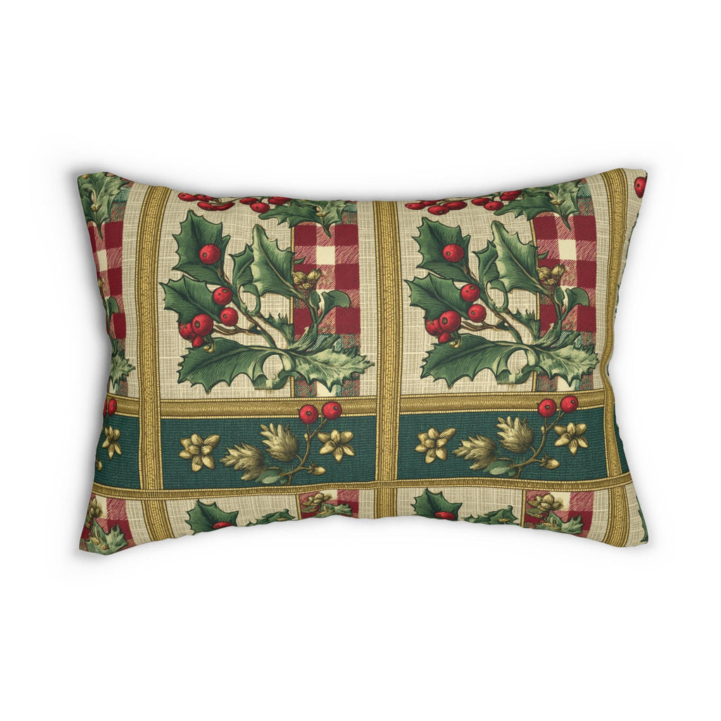 Gingham & Holly Christmas Lumbar Pillow:  Classic Vintage Holiday Style with Stripes