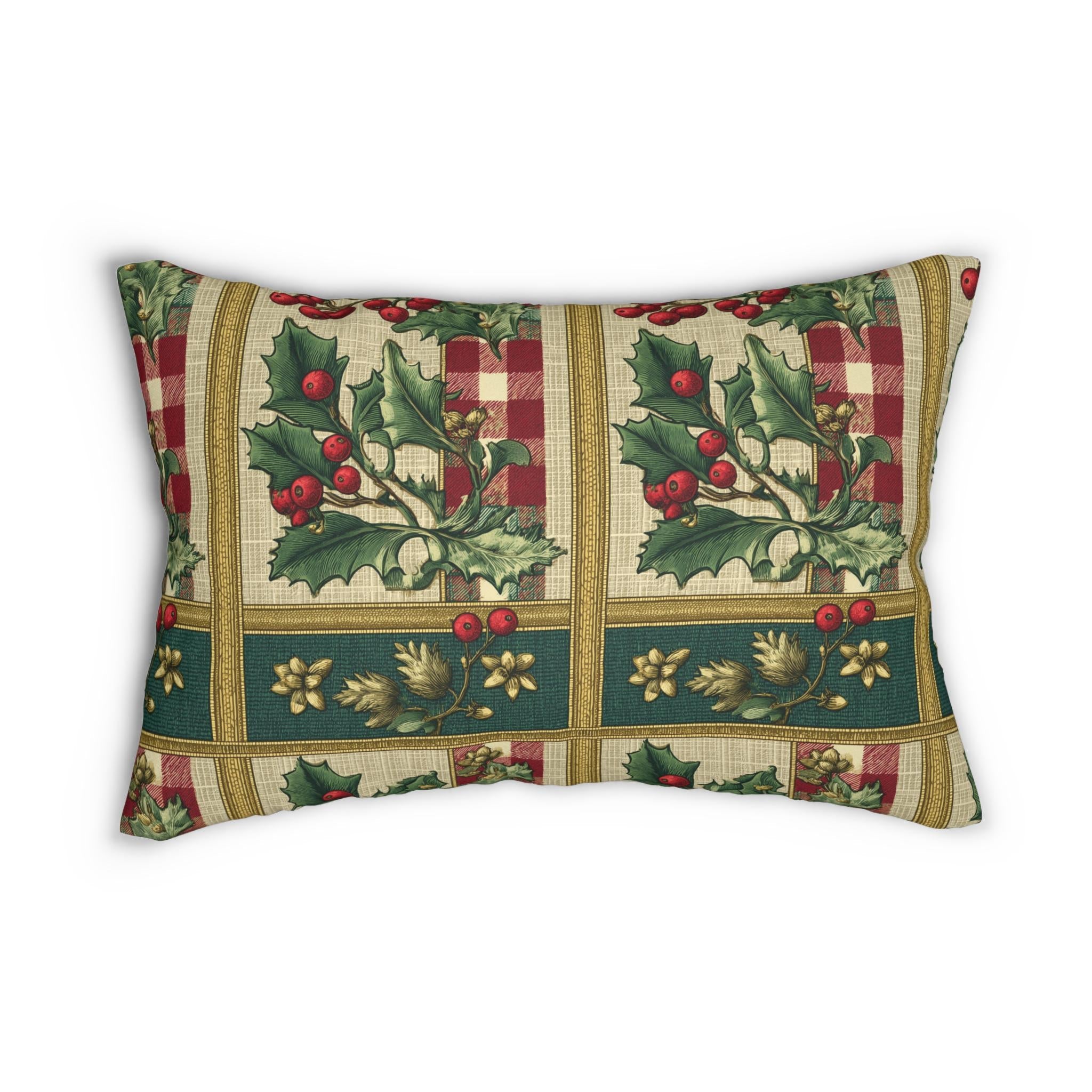 Gingham & Holly Christmas Lumbar Pillow:  Classic Vintage Holiday Style with Stripes