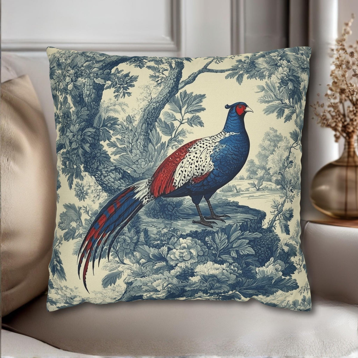 French Country Blue Pheasant Pillow Cover: Vintage Toile Bird and Botanical Design