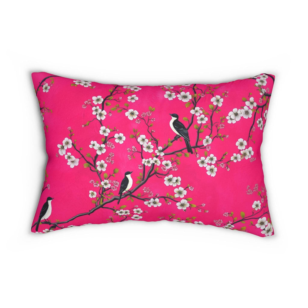 Chinoiserie Magenta Bird Lumbar Pillow: Vibrant Botanical Accent for Eclectic Decor