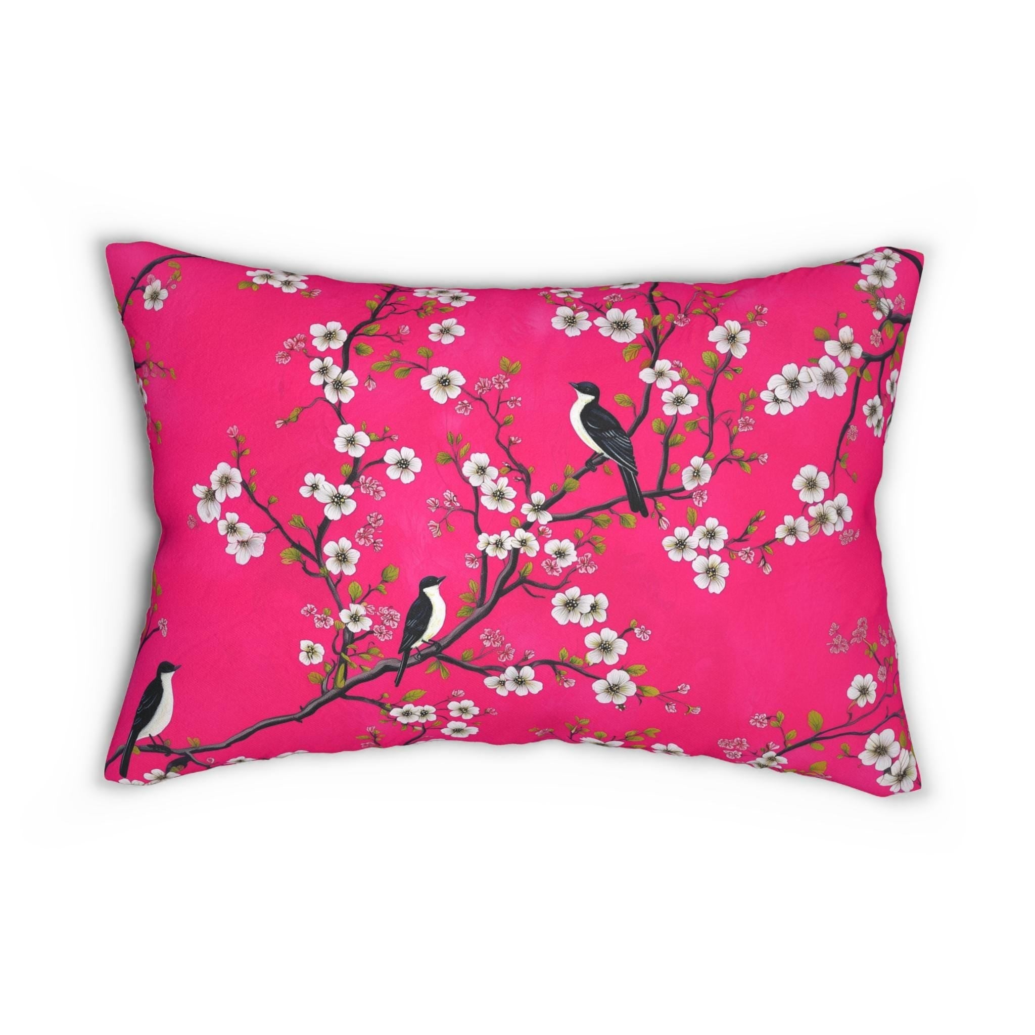 Chinoiserie Magenta Bird Lumbar Pillow: Vibrant Botanical Accent for Eclectic Decor