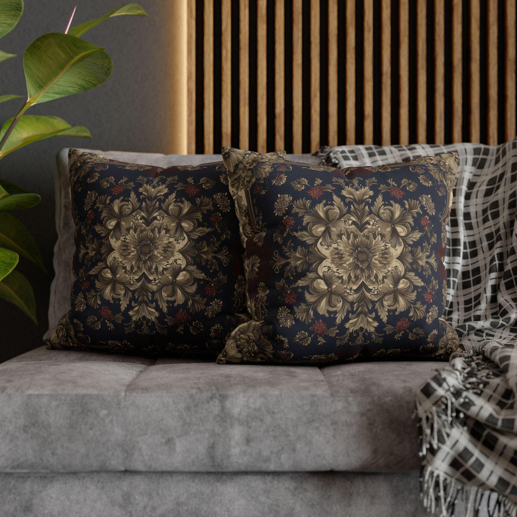 Elegant Vintage-Inspired Tapestry Pillow Cover: Gold Floral Medallion on Navy and Burgundy