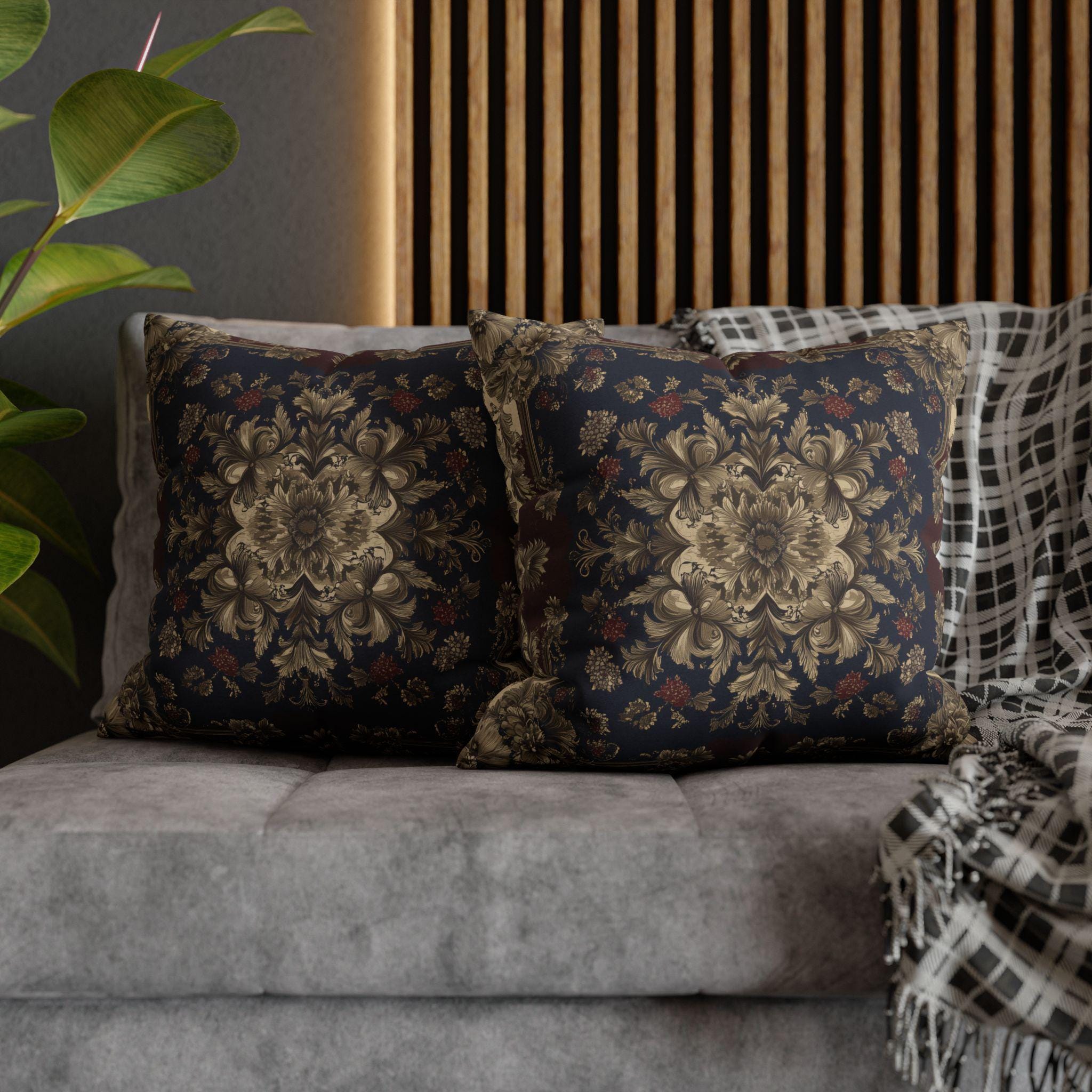 Elegant Vintage-Inspired Tapestry Pillow Cover: Gold Floral Medallion on Navy and Burgundy