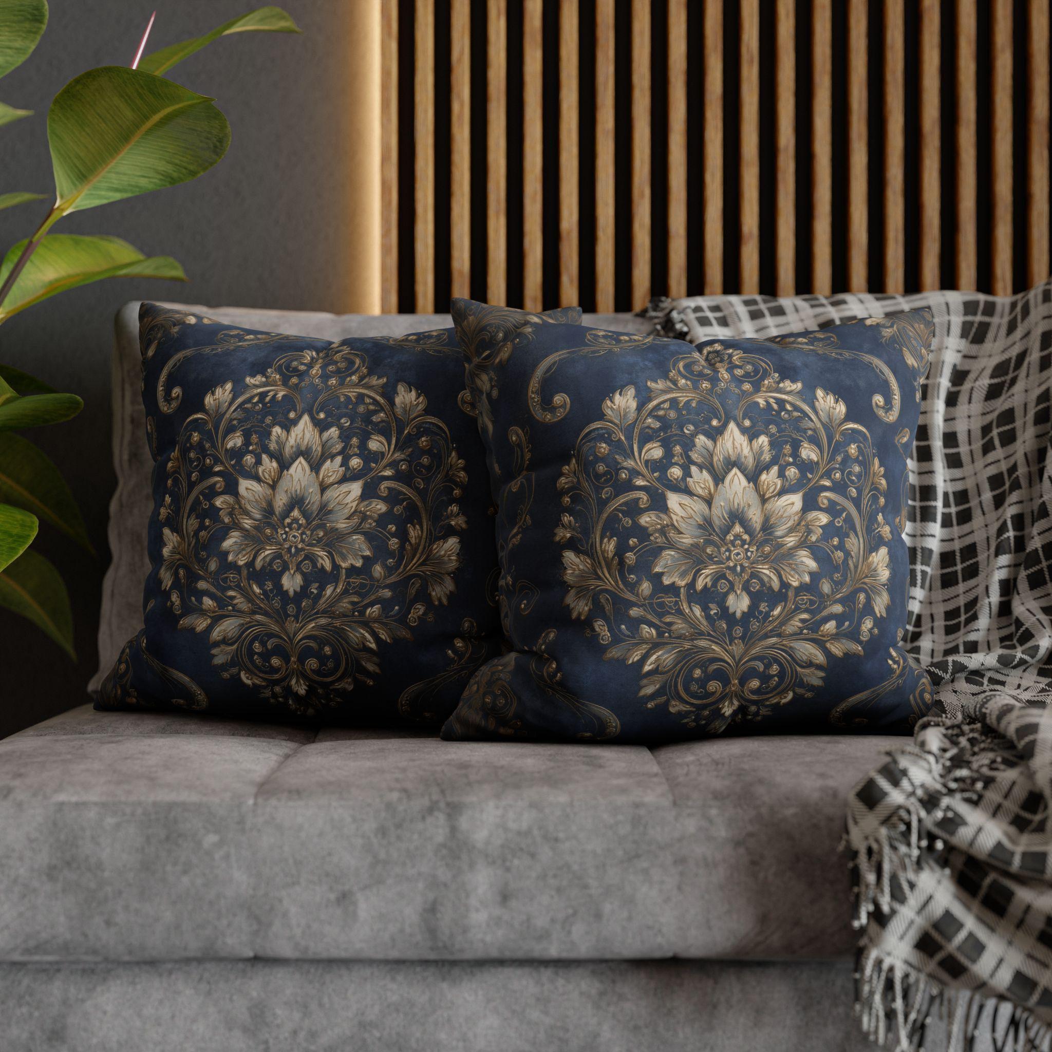 Elegant Baroque Navy and Gold Floral Damask Pillow Cover for Vintage Luxe Home Decor