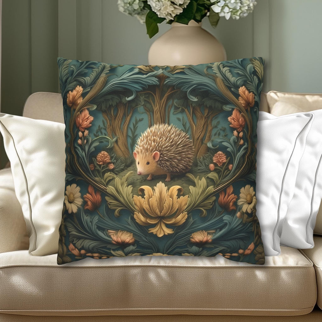 William Morris Inspired Pillow Cover: Woodland Hedgehog Storybook Forest Botanical