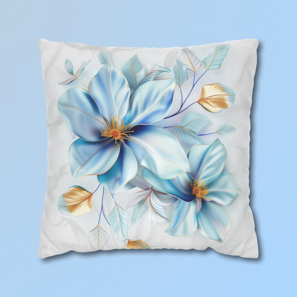 Blue Magnolia Pillow Cover with Golden Accents: Elegant Floral Cushion Case