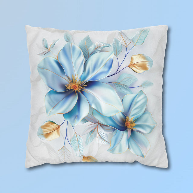 Blue Magnolia Pillow Cover with Golden Accents: Elegant Floral Cushion Case