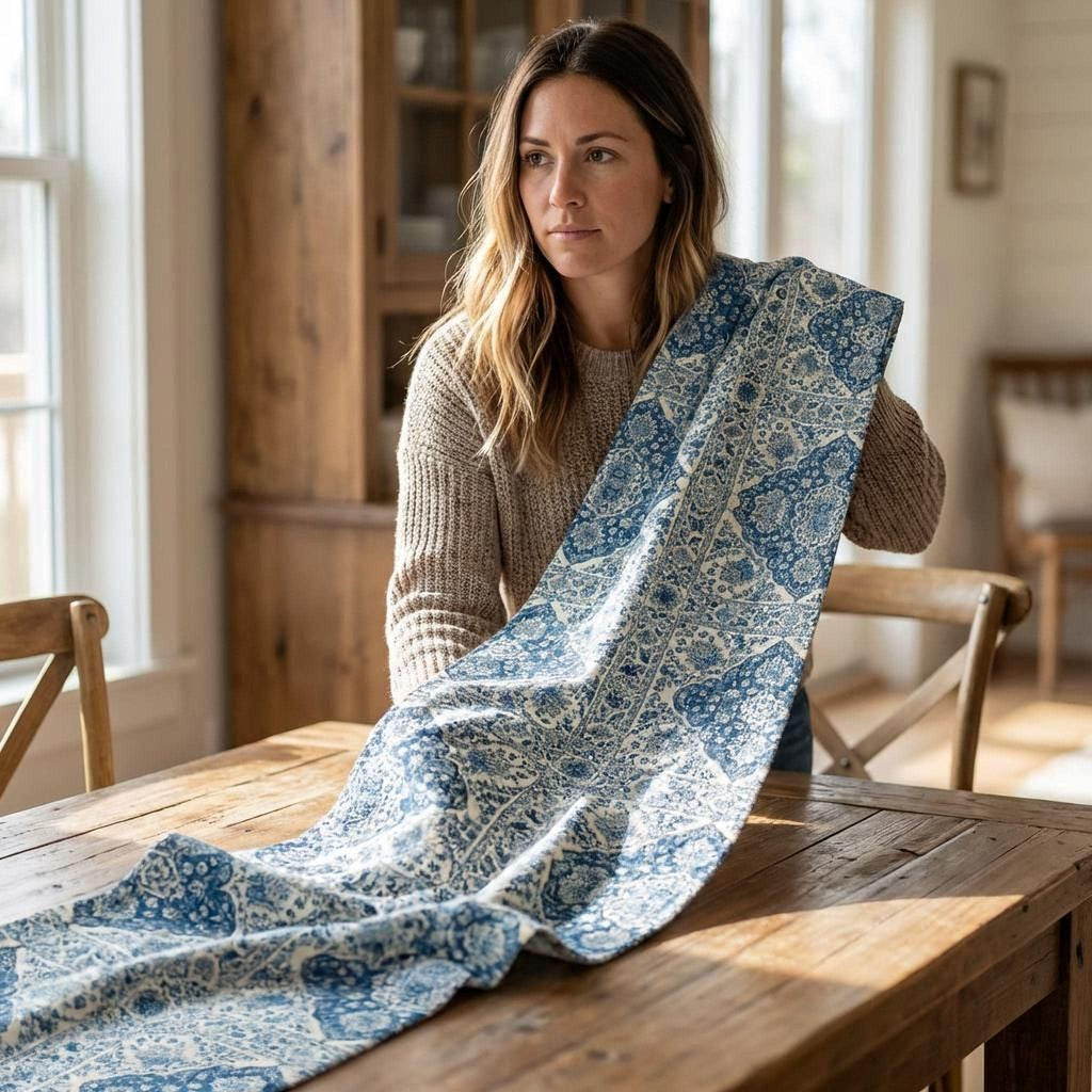 Toile Table Runner: Blue and Cream Botanical Dining Decor