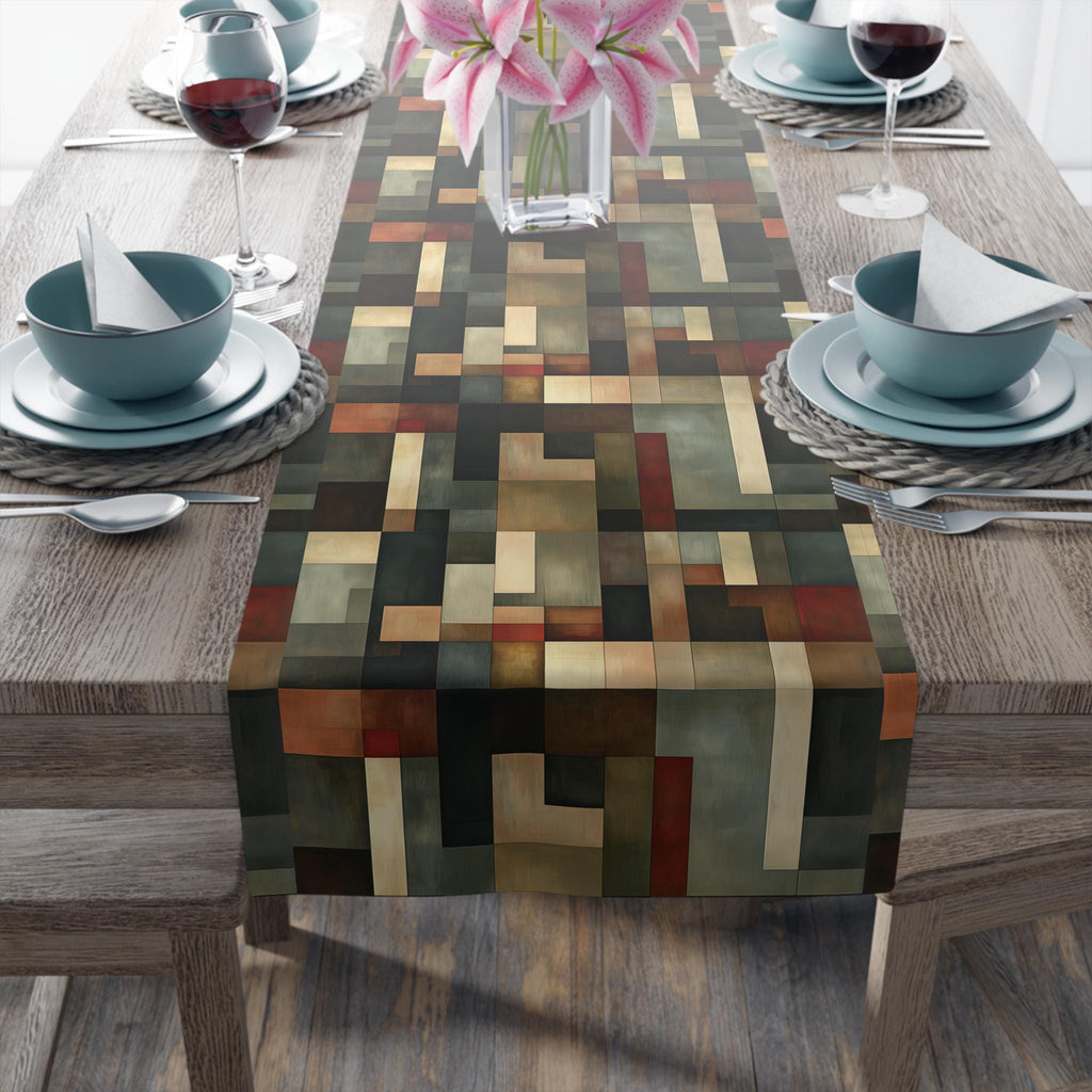Geometric Abstract Table Runner: Earthy Muted Tones, Modern Rustic Decor, Hand-painted Effect