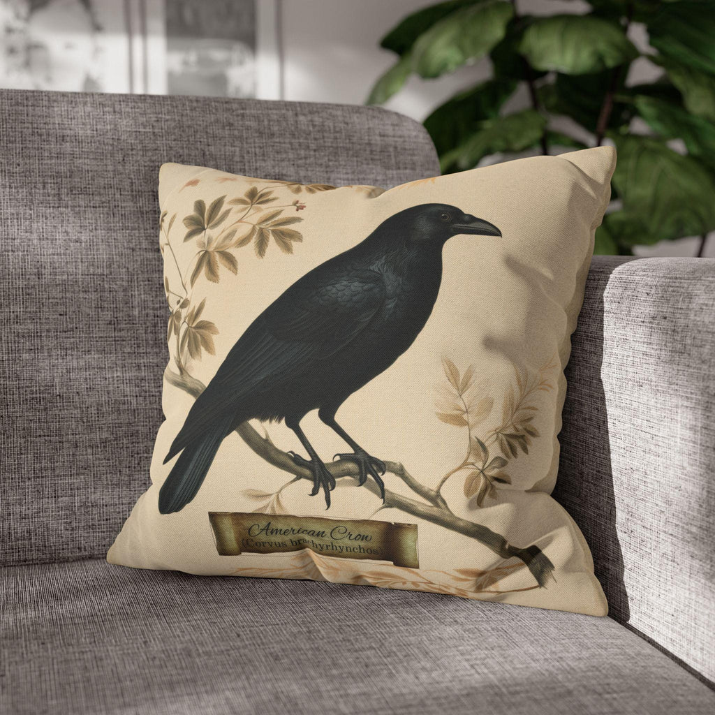 Halloween Crow Pillow Cover: Vintage Style Scientific Bird Illustration