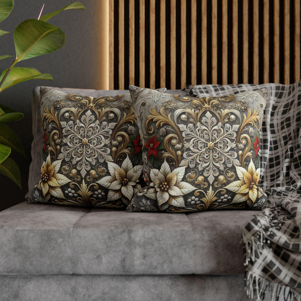 Luxurious Baroque Inspired Holiday Pillow Cover, Silver and Gold Snowflake Christmas Decor