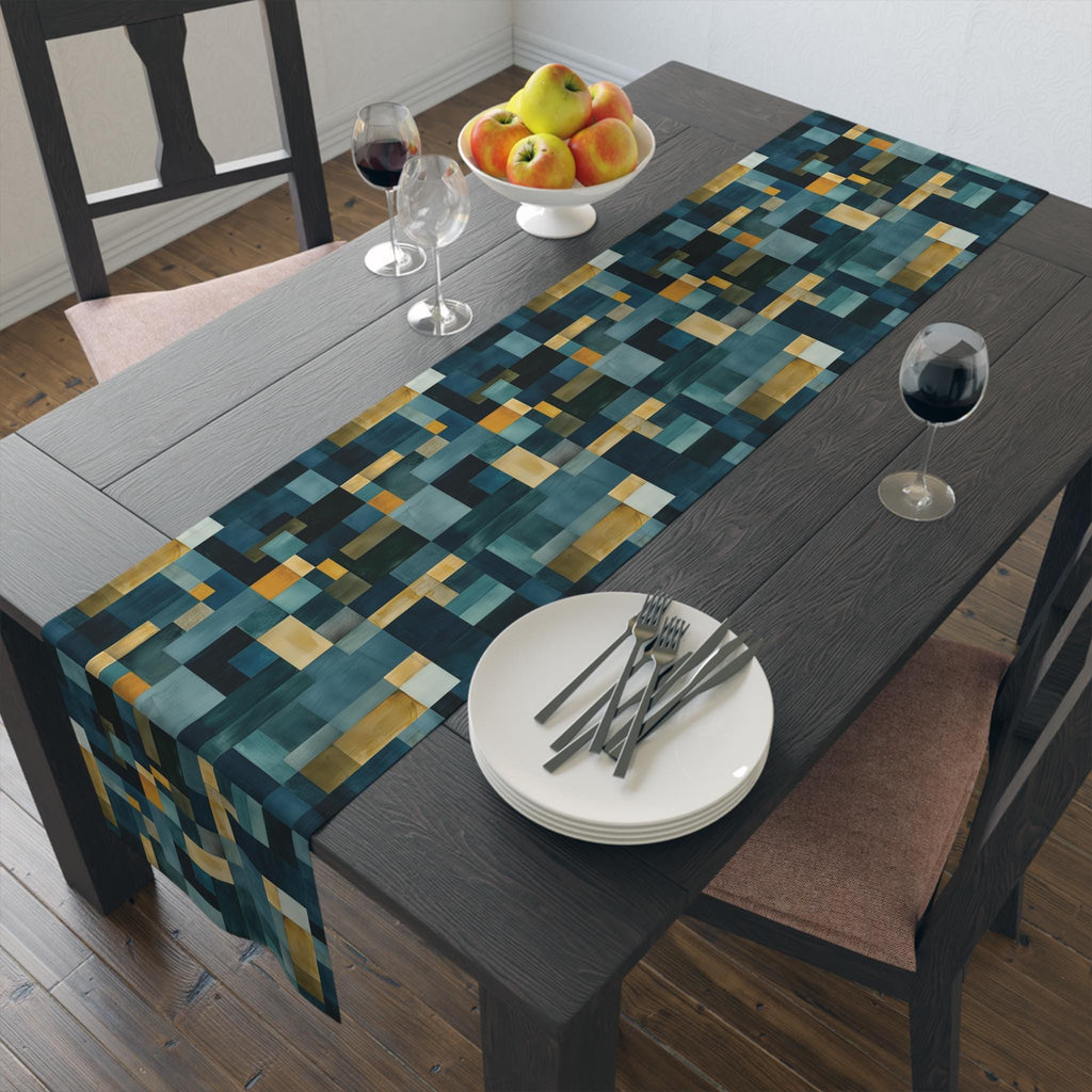 Geometric Abstract Table Runner: Blue and Earth Tones, Modern Rustic Decor, Hand-painted Effect