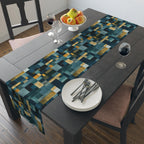Geometric Abstract Table Runner: Blue and Earth Tones, Modern Rustic Decor, Hand-painted Effect