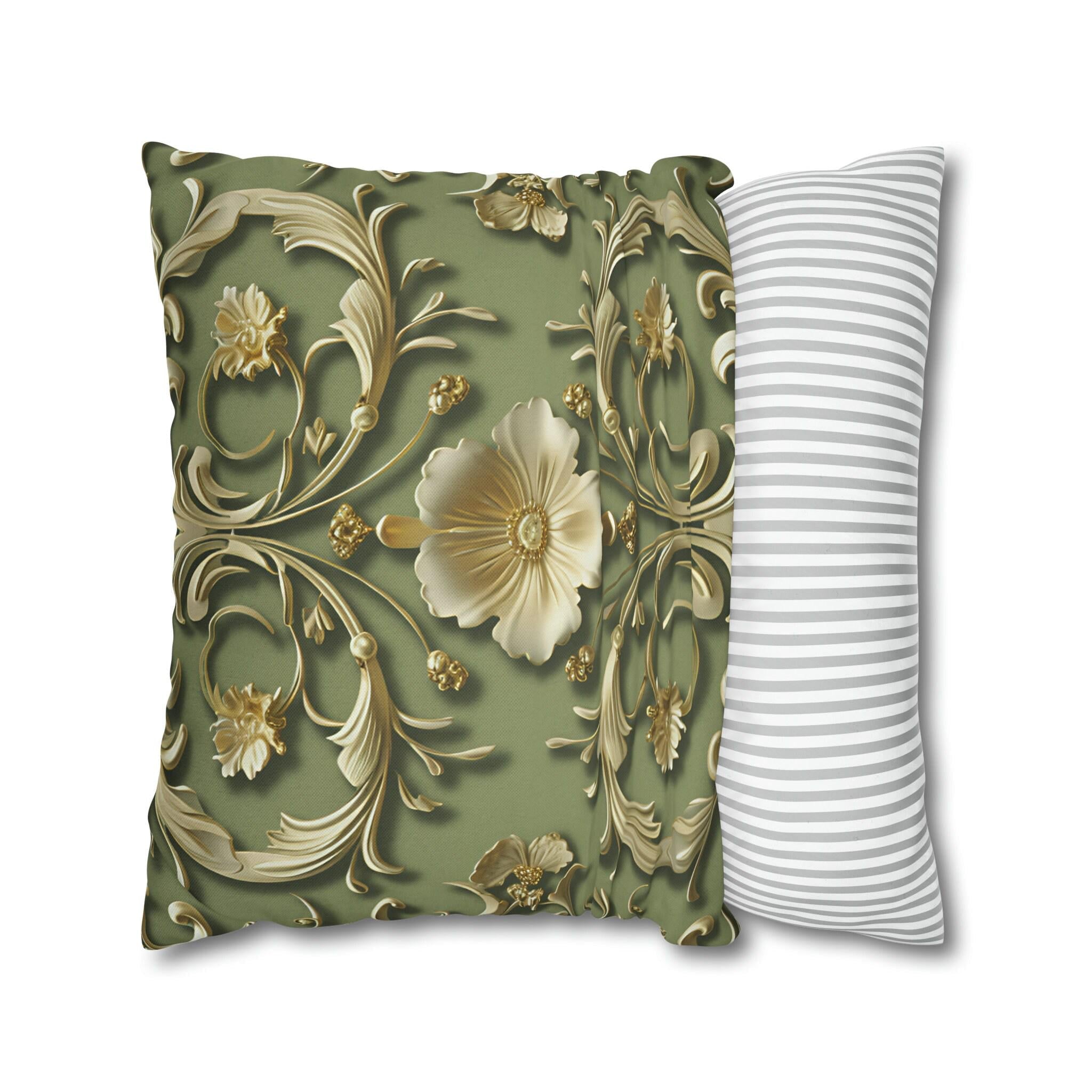 French Baroque Floral Pillow Cover: Sage Green & Gold Vintage Cushion