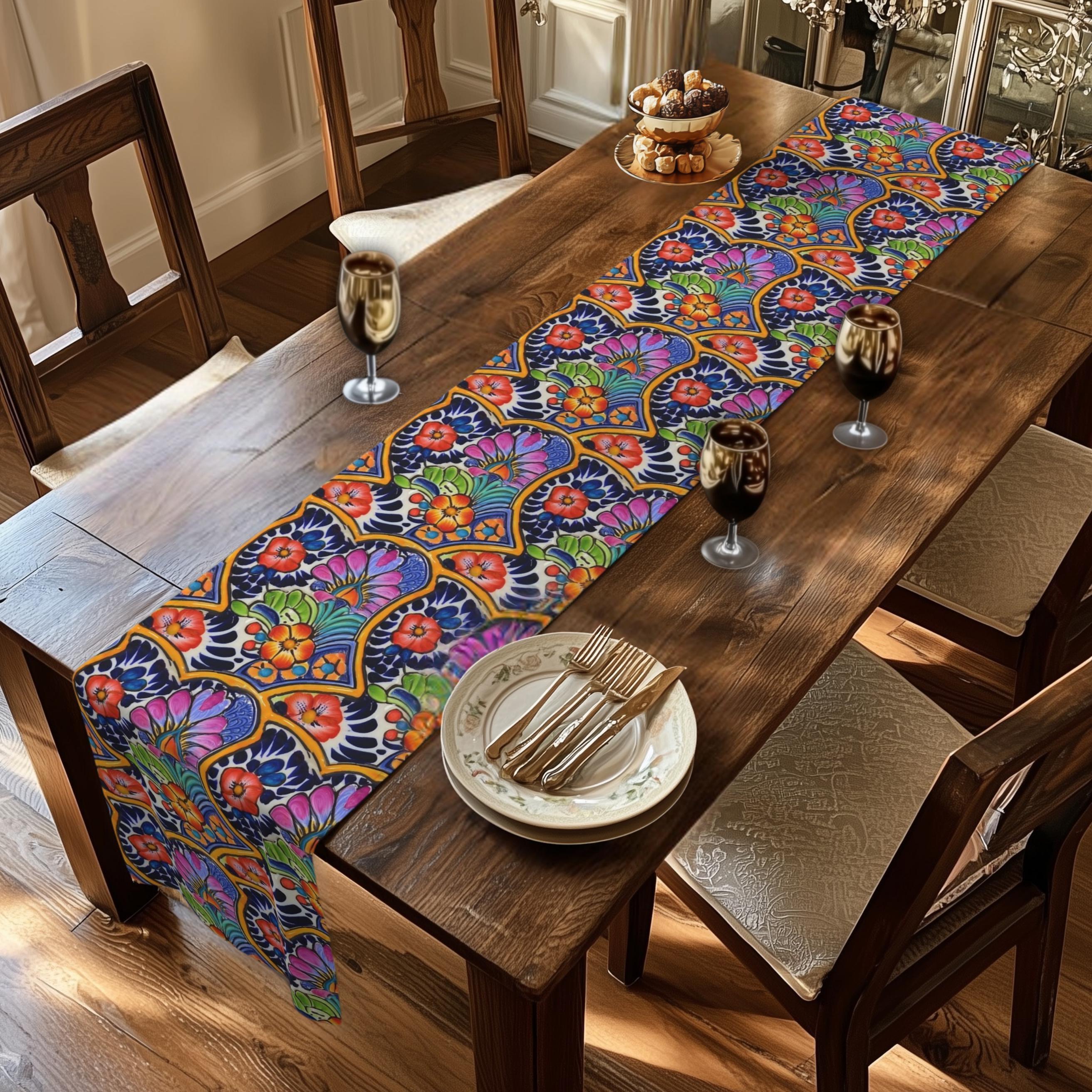 Mexican Table Runner: Inspired by Colorful Talavera  Floral Folk Art Decor