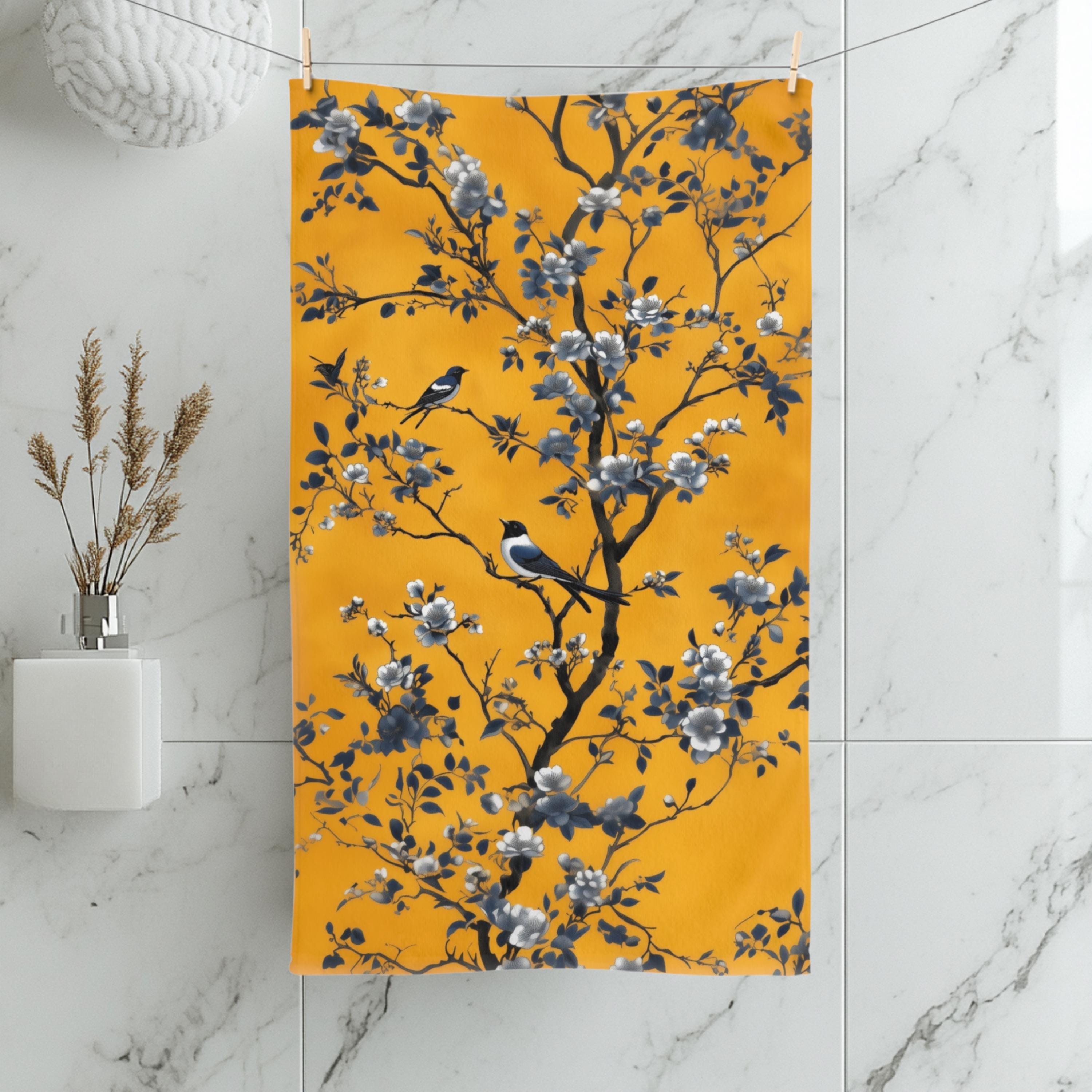 Chinoiserie Blue Birds Hand Towel: Golden Yellow Floral Botanical Bathroom Accent Asian Inspired