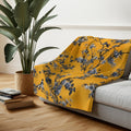 Elegant Chinoiserie Throw Blanket: Golden Yellow with Blue Blossom Branches, Asian-Inspired Home Accent