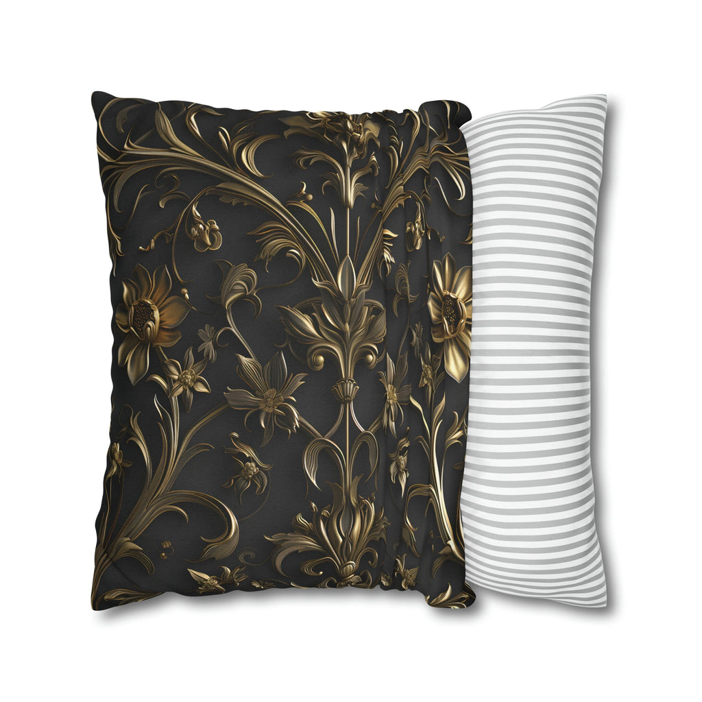 Luxurious Italian Baroque Pillow Cover: Golden Floral on Charcoal for Elegant Home Decor