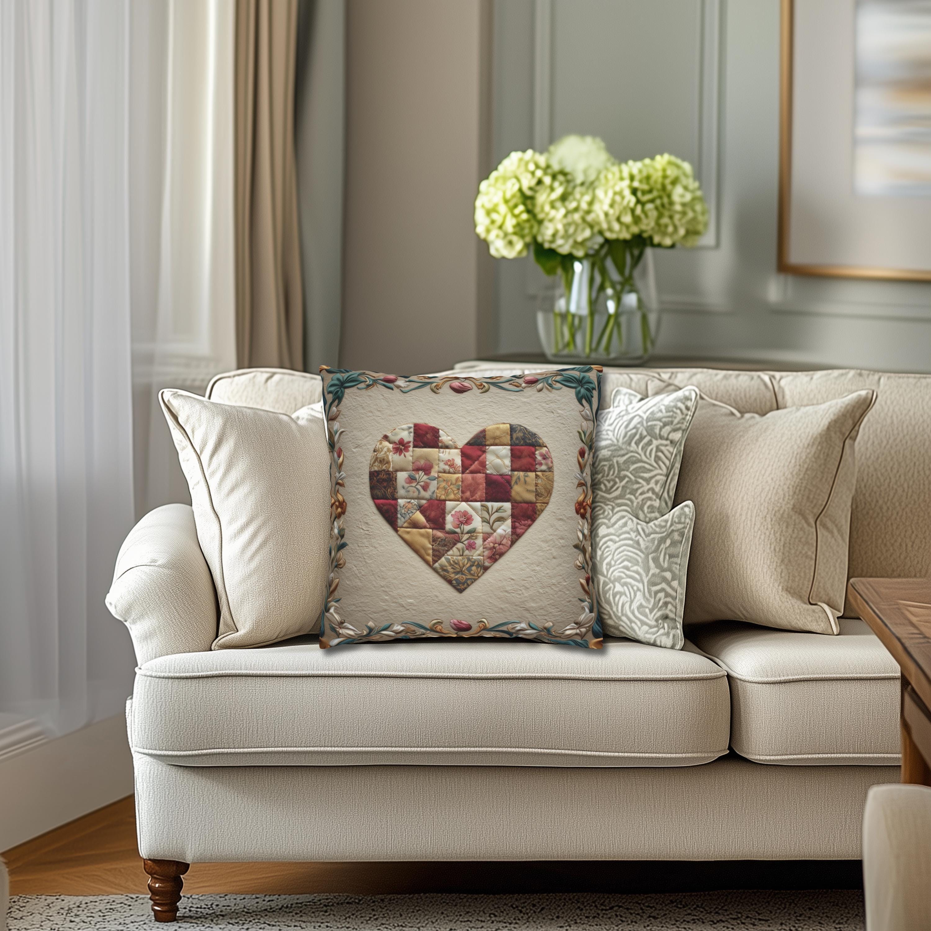 William Morris Inspired Quilted Heart Pillow Cover: Patchwork Look with Vintage Style Florals