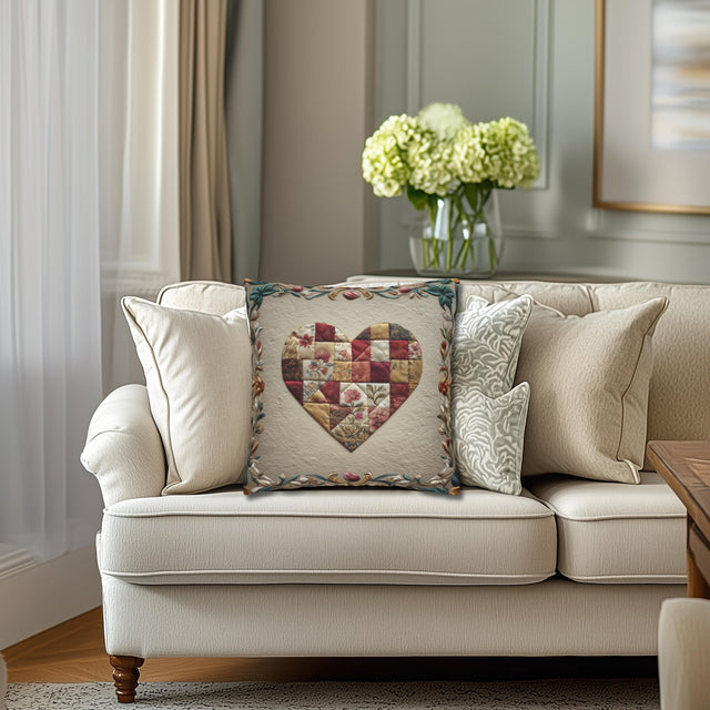 William Morris Inspired Quilted Heart Pillow Cover: Patchwork Look with Vintage Style Florals