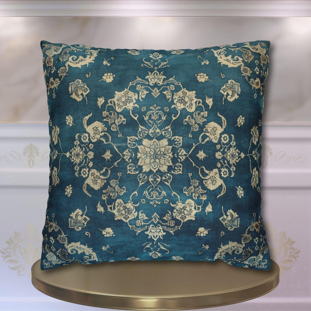 Vintage Teal Medallion Pillow Cover: Persian Rug Print Cushion