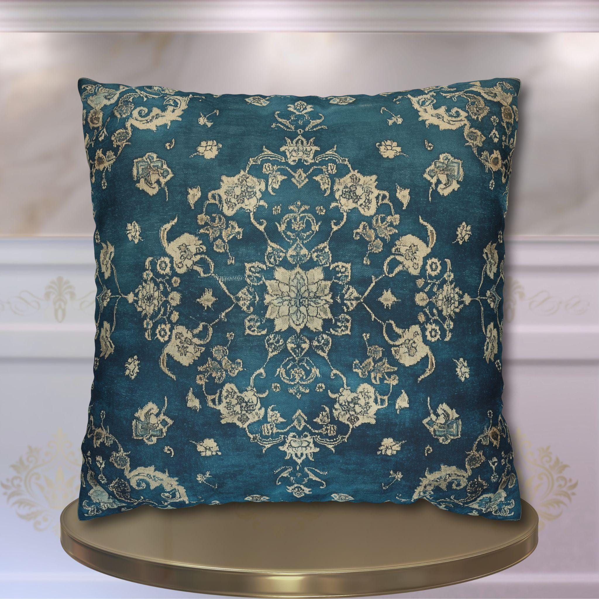 Vintage Teal Medallion Pillow Cover: Persian Rug Print Cushion