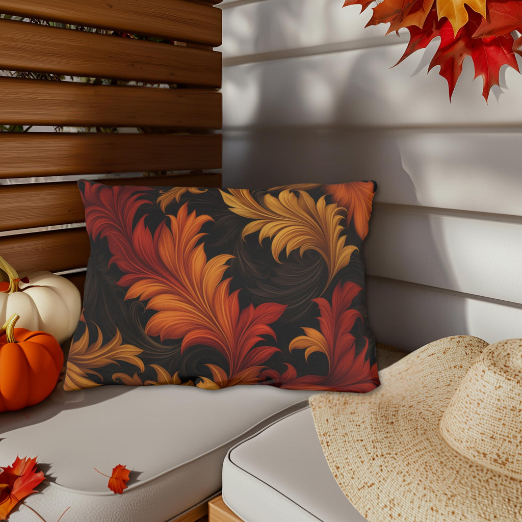 Autumn Leaf Outdoor Pillow: Red, Gold, Black - Weather Resistant