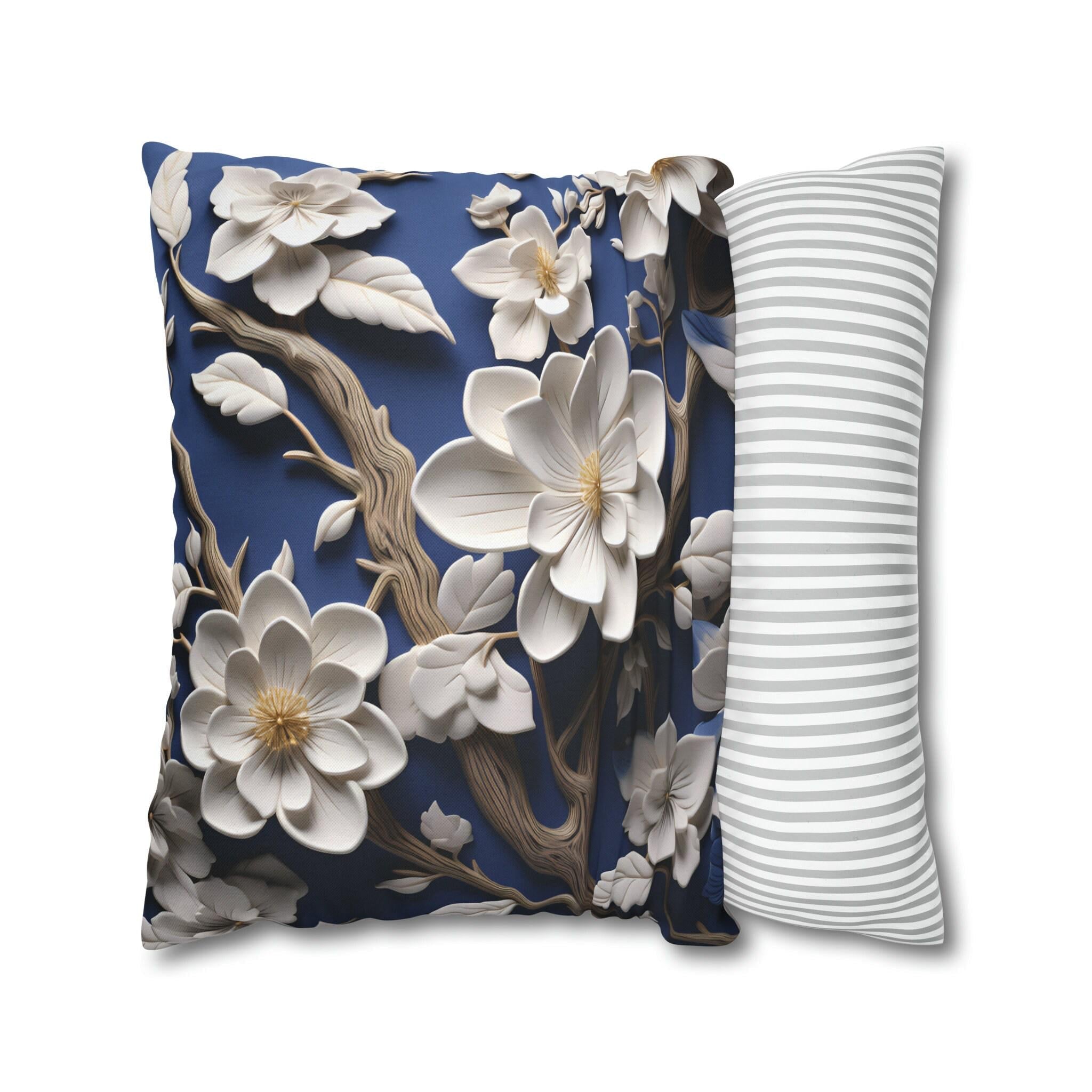 Elegant Chinoiserie White Blossom Pillow Cover | Blue Floral Art | Serene Asian-Inspired Decor