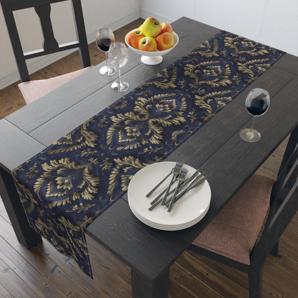 Royal Blue & Gold Damask Table Runner: Faux Brocade Holiday Accent