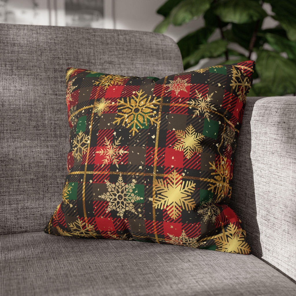 Christmas Plaid Pillow Cover, Gold Snowflakes, Festive Home Decor