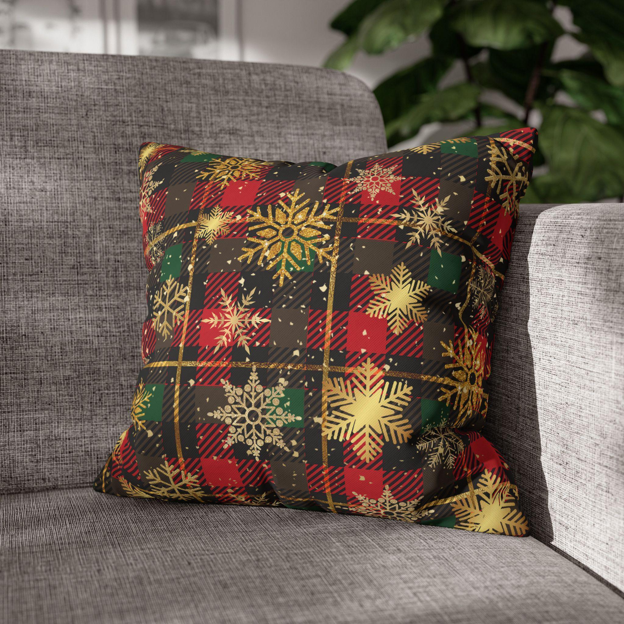 Christmas Plaid Pillow Cover, Gold Snowflakes, Festive Home Decor