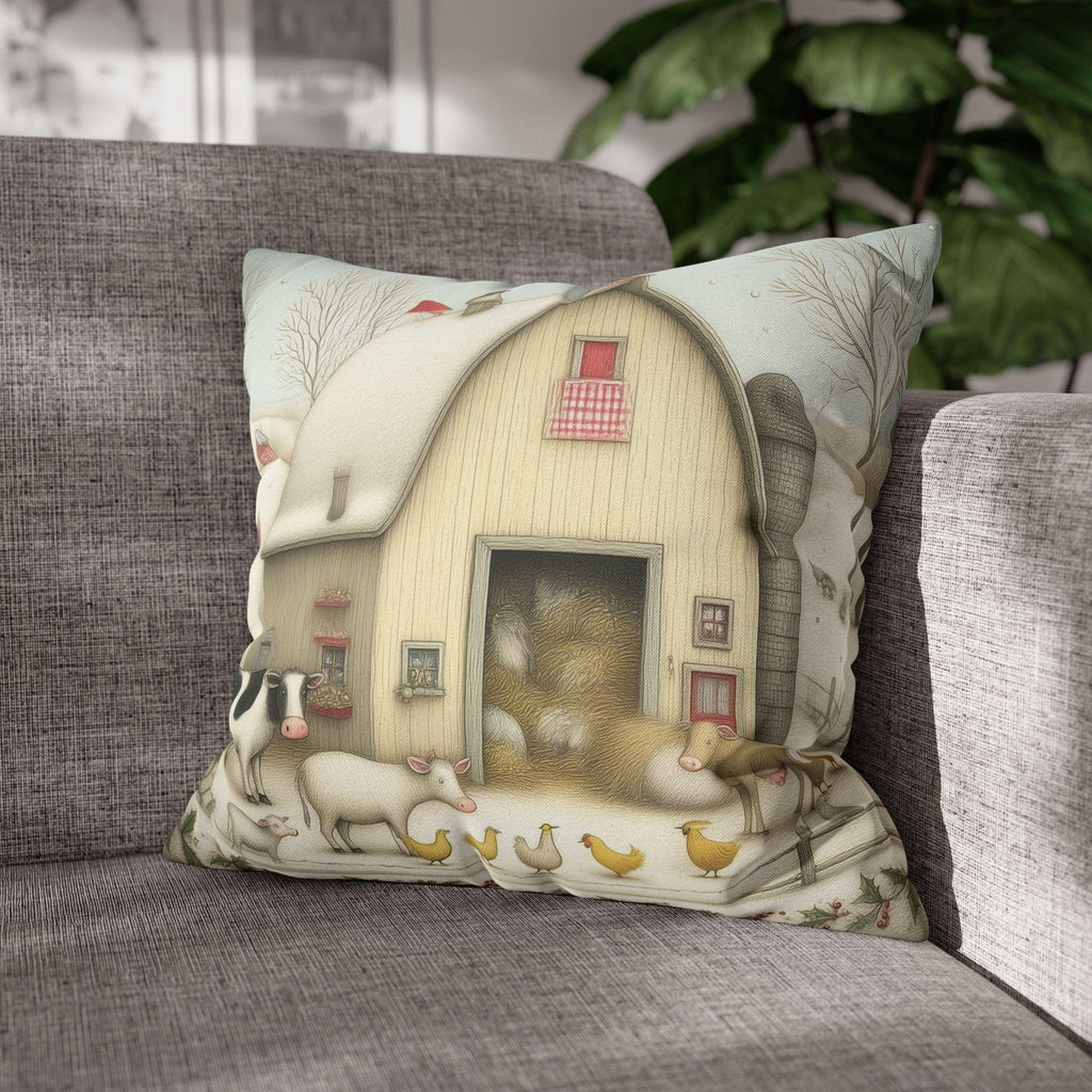 Farmhouse Christmas Barn Pillow Cover: Vintage Style Winter Country Scene