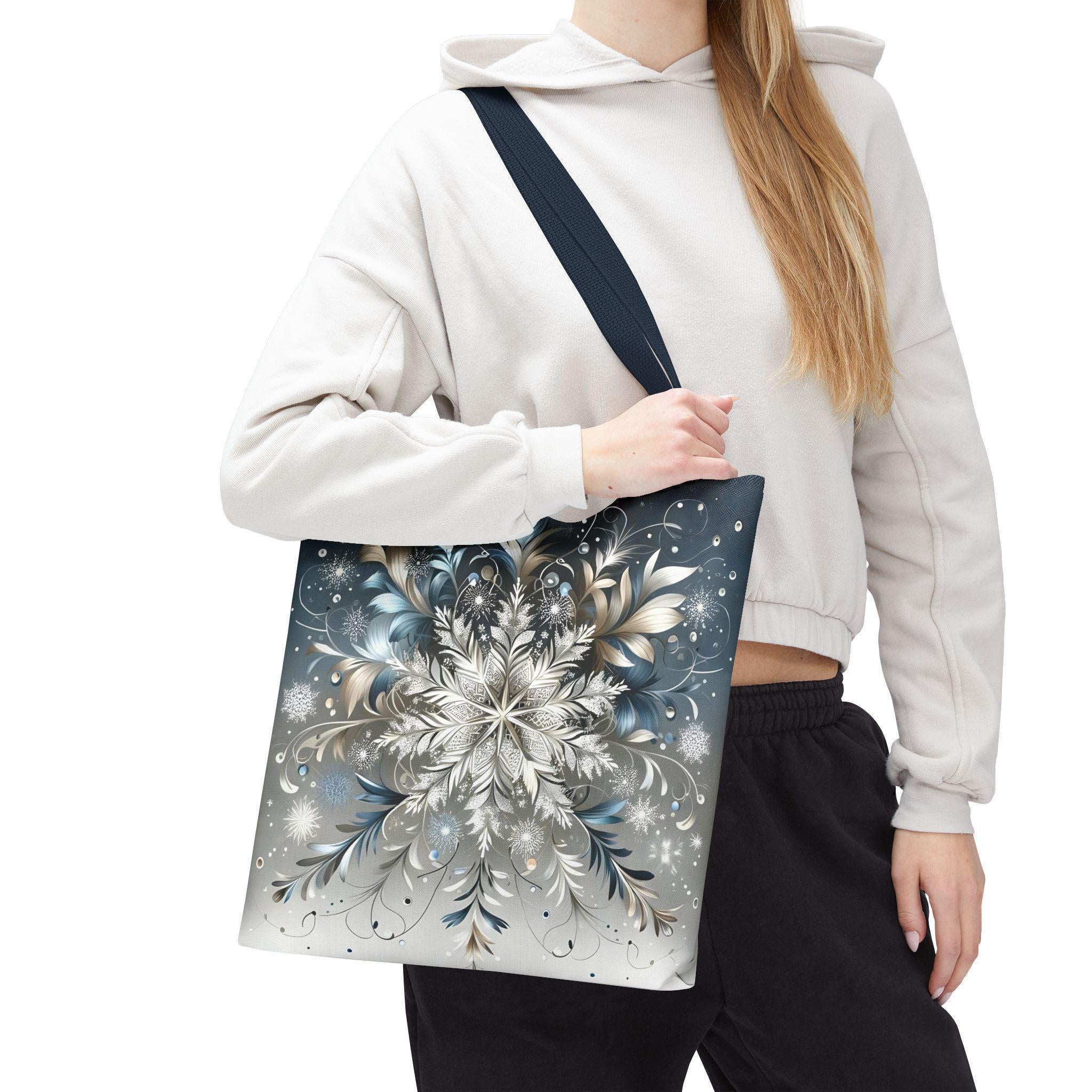 Elegant Snowflake Tote Bag, Silver & Blue Polyester Canvas