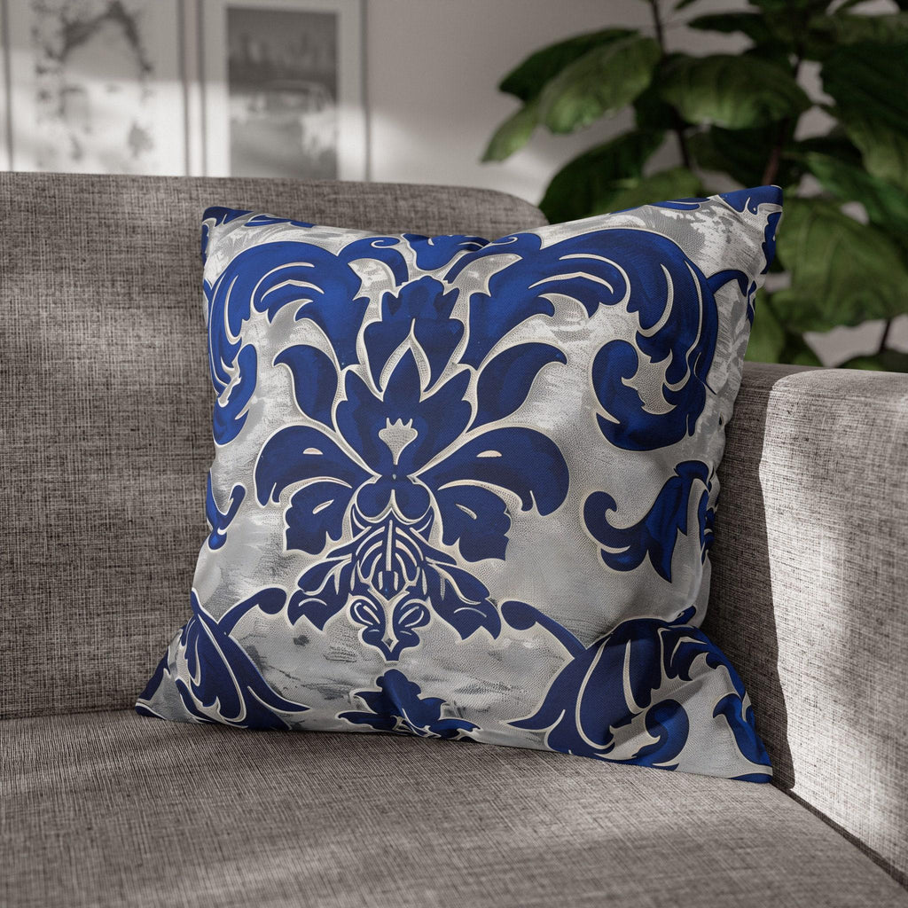 Baroque Royal Blue Floral Pillow Cover: Elegant Silver Accent