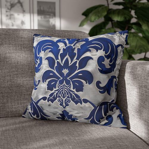 Baroque Royal Blue Floral Pillow Cover: Elegant Silver Accent