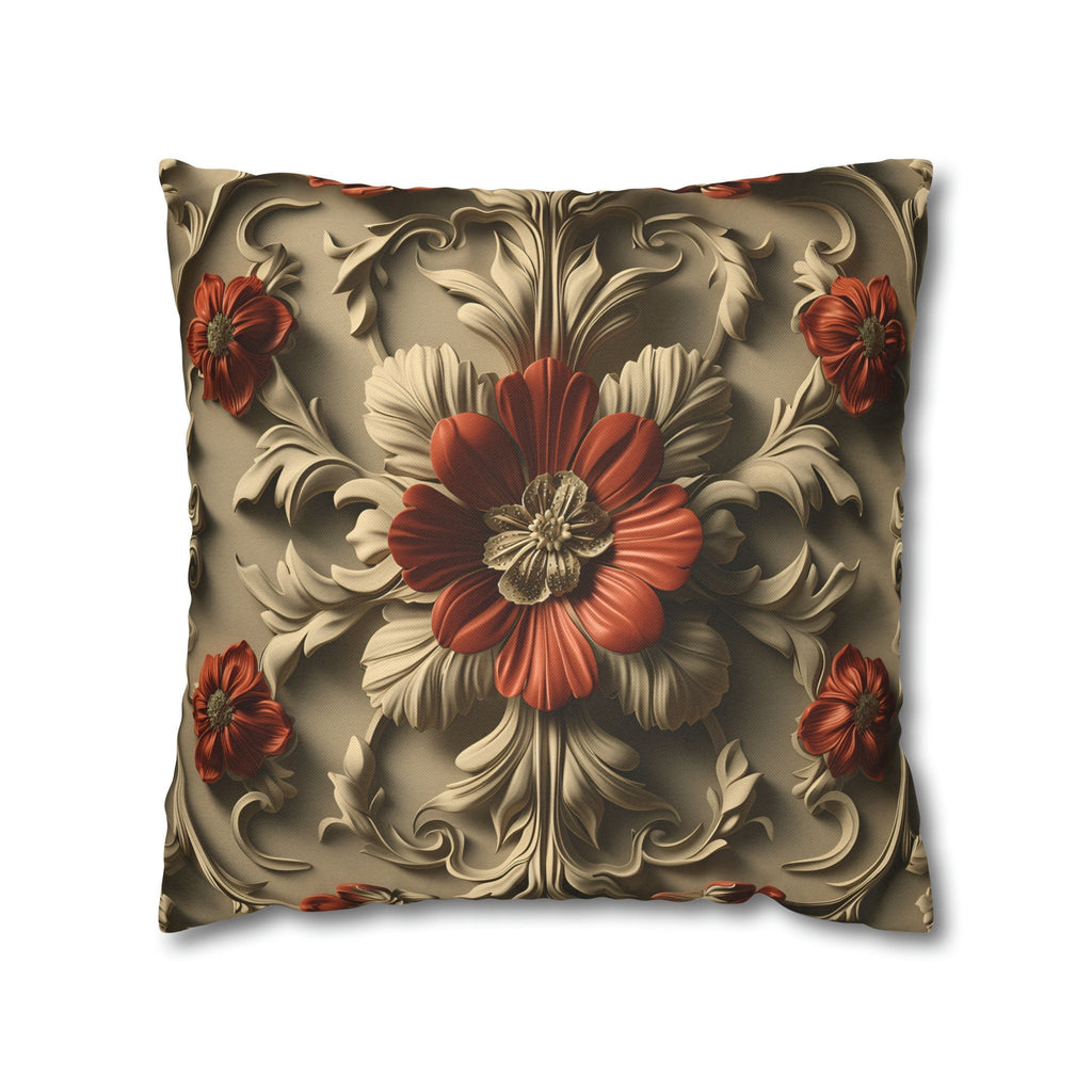 Baroque Style Pillow Cover: Red Flower, Acanthus Leaves, Embossed 3D Effect